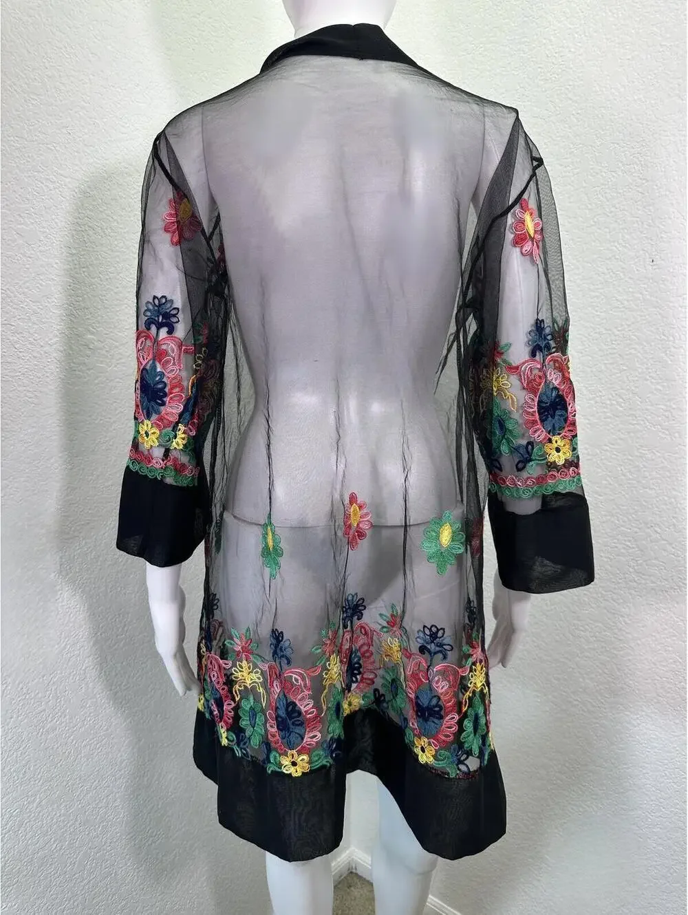 Black Mesh Floral Duster Embroidered Traditional Mexican Style Loungewear